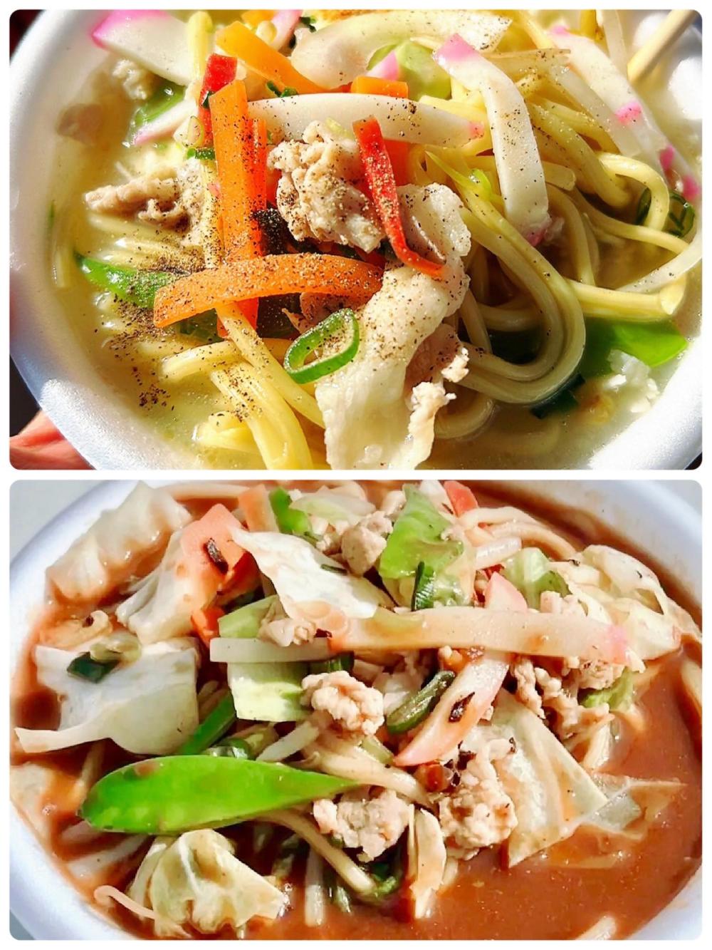 写真が2枚ある。上にキャベツ等の野菜がたくさん入っているちゃんぽん。その下がカレーちゃんぽん。